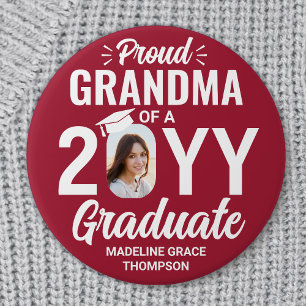 Graduate Photo Proud Grandma Modern Red and White 7.5 Cm Round Badge