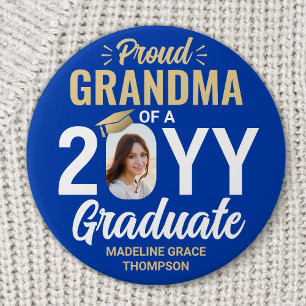 Graduate Photo Proud Grandma Royal Blue and Gold 7.5 Cm Round Badge