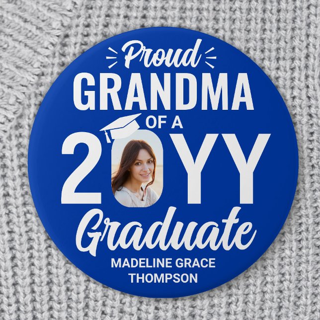Graduate Photo Proud Grandma Royal Blue and White 7.5 Cm Round Badge (Creator Uploaded)