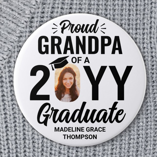 Graduate Photo Proud Grandpa Modern Black & White 7.5 Cm Round Badge (Creator Uploaded)