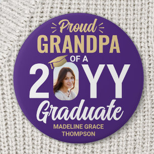Graduate Photo Proud Grandpa Modern Purple & Gold 7.5 Cm Round Badge
