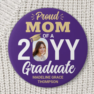 Graduate Photo Proud Mom Modern Purple and Gold 7.5 Cm Round Badge