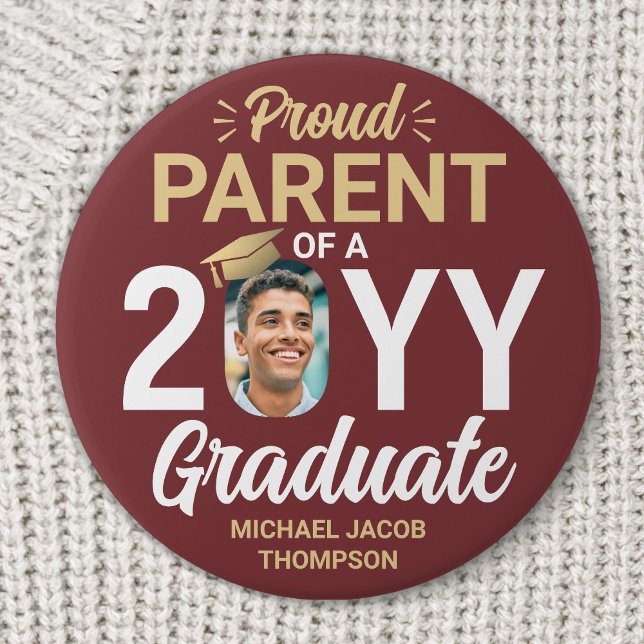 Graduate Photo Proud Parent Burgundy Red and Gold 7.5 Cm Round Badge (Creator Uploaded)