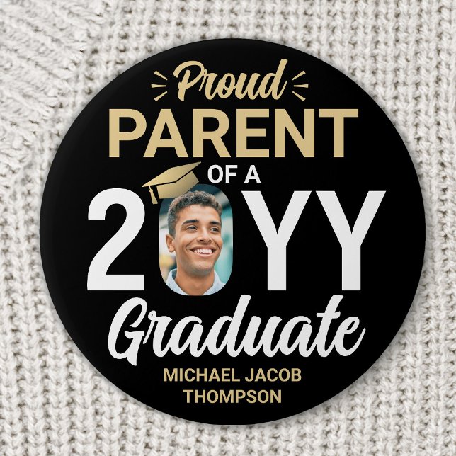 Graduate Photo Proud Parent Elegant Black and Gold 7.5 Cm Round Badge (Creator Uploaded)
