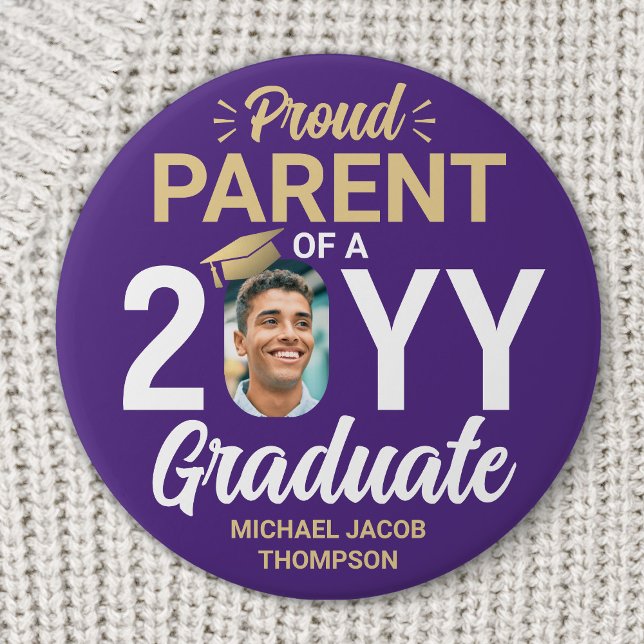 Graduate Photo Proud Parent Modern Purple & Gold 7.5 Cm Round Badge (Creator Uploaded)
