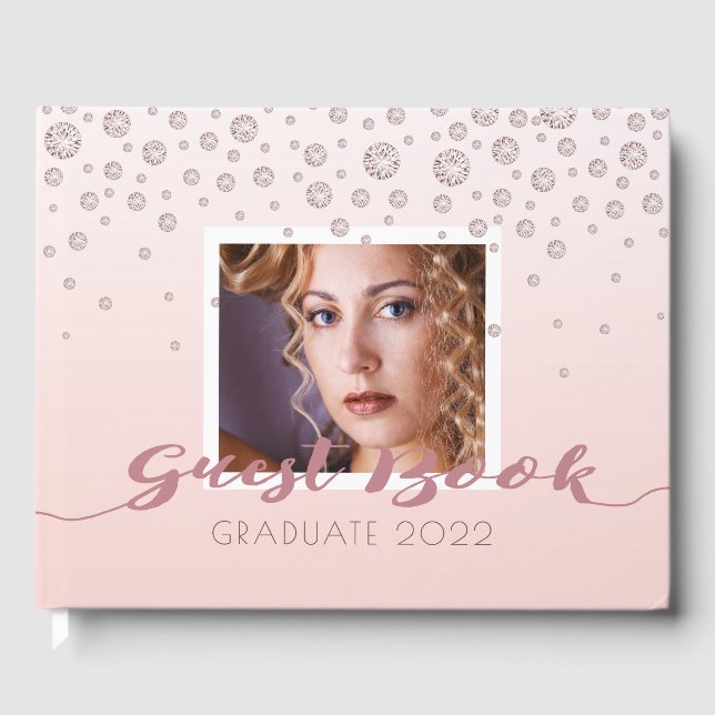 Graduate photo rose gold diamonds pink 2024 guest book (Front)