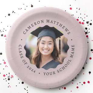 Graduate photo rose taupe wavy border graduation paper plate