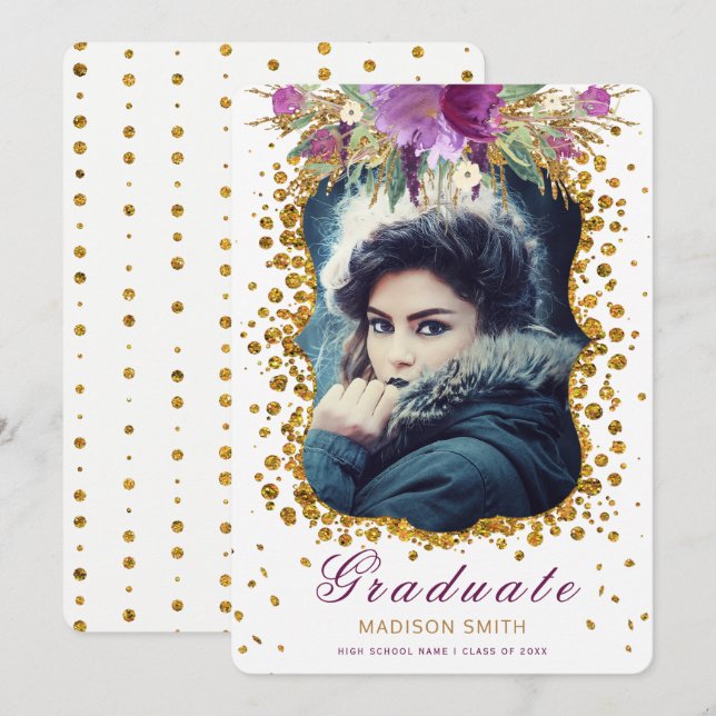 Graduate Photo Sparkle Flowers Glitter Confetti Invitation (Front/Back)