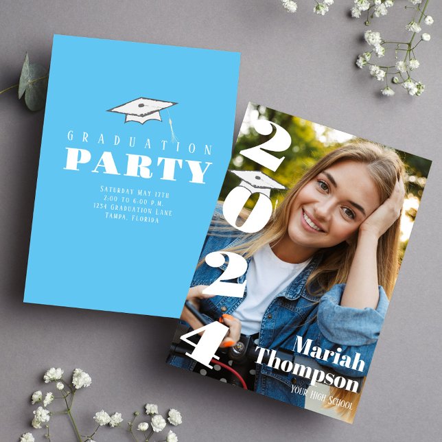 Graduate Photo Template Class Of 2024 typography (Graduation photo invitation announcement with Carolina blue background. )