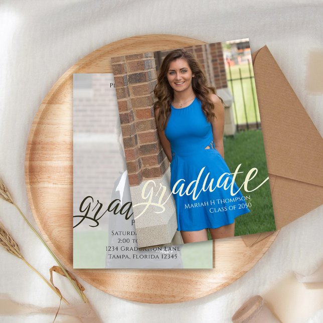 Graduate Photo Template Elegant Typography Script (Stylish Graduate cream-colored calligraphy scrip initiation announcement.)