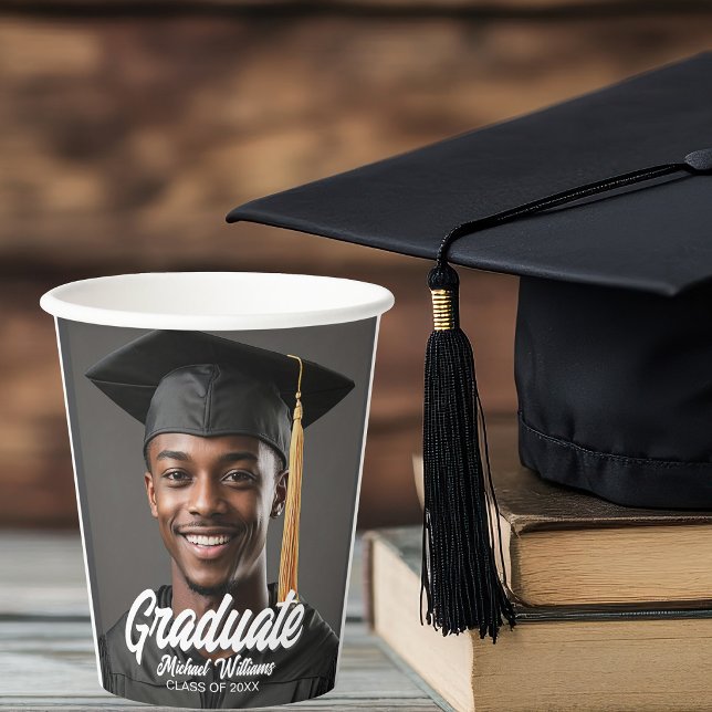 Graduate Photo w Bold Script Graduation Party Paper Cups (Creator Uploaded)