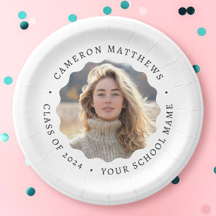 Graduate photo white wavy border graduation paper plate