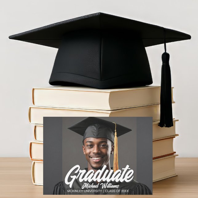 Graduate Photo with Bold Script Graduation Announcement (Creator Uploaded)