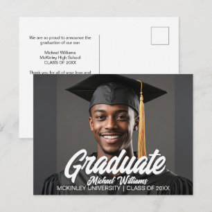Graduate Photo with Bold Script Graduation Announcement Postcard