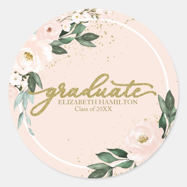 Graduate Pink Blush Floral Graduation Party Classic Round Sticker (Front)