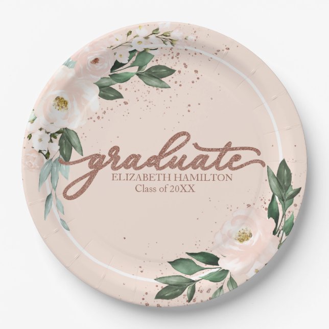 Graduate Pink Blush Floral Graduation Party  Paper Paper Plate (Front)