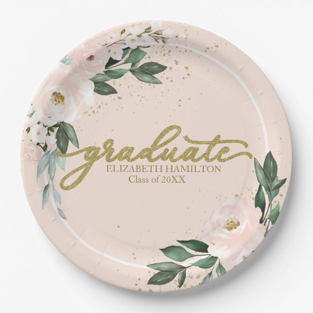 Graduate Pink Blush Floral Graduation Party  Paper Plate (Front)