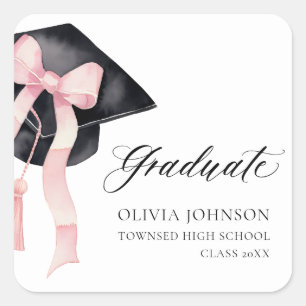 Graduate Pink Bow Coquette Graduation Cap Square Sticker