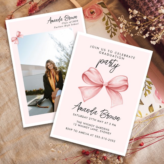 Graduate Pink Bow Elegant Trendy Invitation (Creator Uploaded)