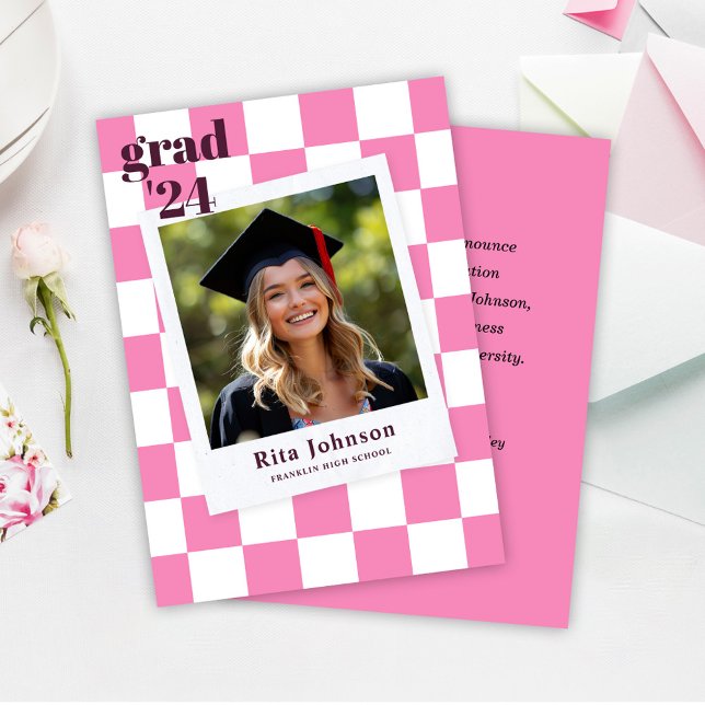 Graduate Pink Chequered Modern Photo Graduation Announcement (Hot Pink Checkered Modern Photo Graduation Announcement)