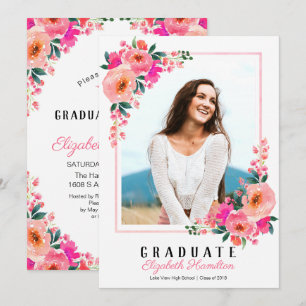 Graduate Pink Floral Frame Graduation Party Photo Invitation