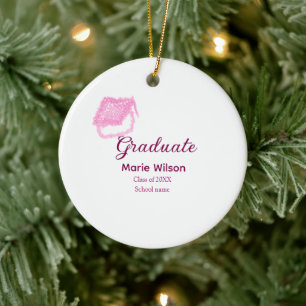 graduate pink glitter graduation cap add name clas ceramic tree decoration