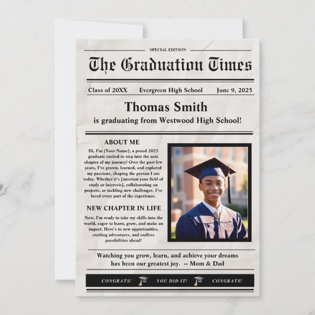 Graduate Printable Newspaper Announcement (Front)