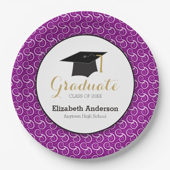 Graduate Purple and Gold Graduation Party Paper Plate (Front)