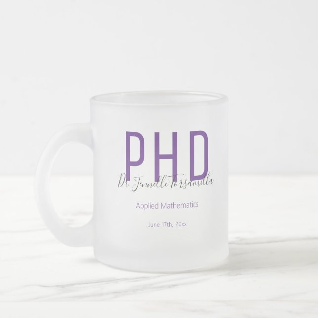 Graduate Purple Black Date Name Degree PhD Frosted Glass Coffee Mug (Left)