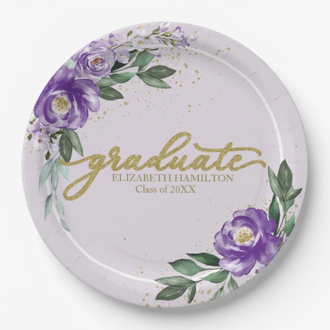 Graduate Purple Lavender Floral Graduation Party Paper Plate (Front)