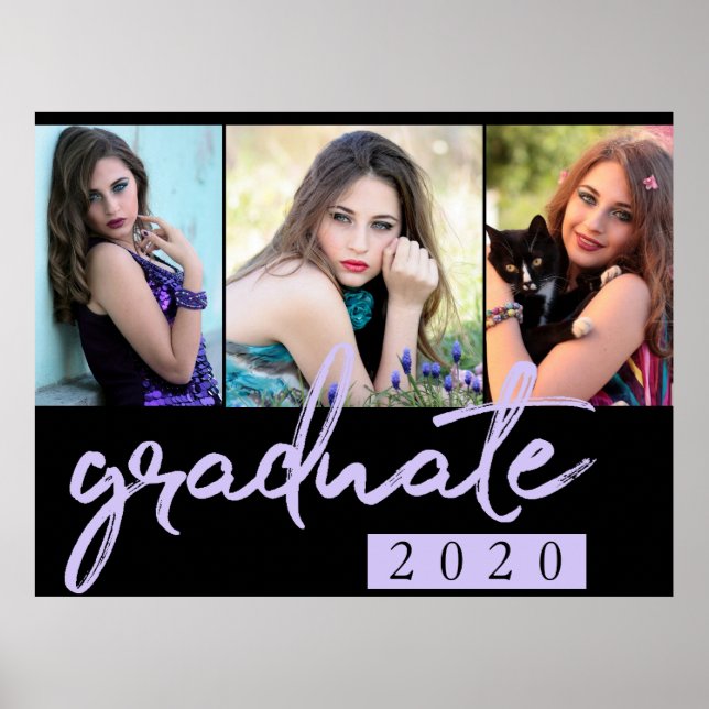 Graduate Purple Script | Lavender 3 Photo Keepsake Poster (Front)