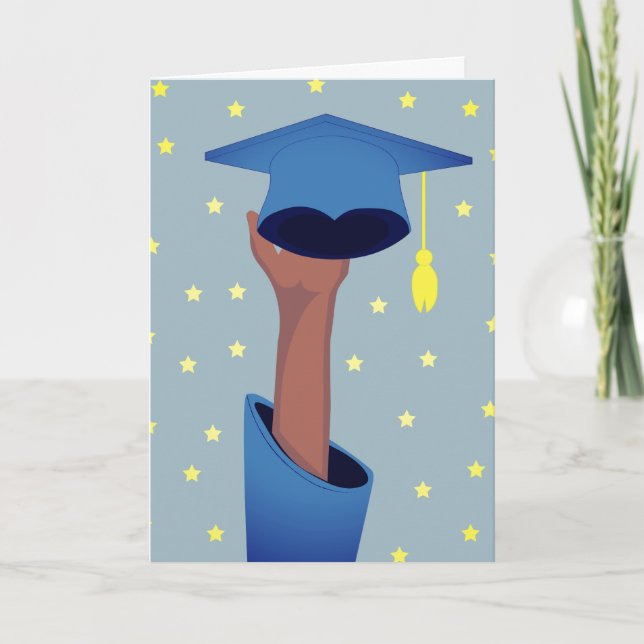 Graduate Raising A Graduation Hat With Stars Blue Card (Front)