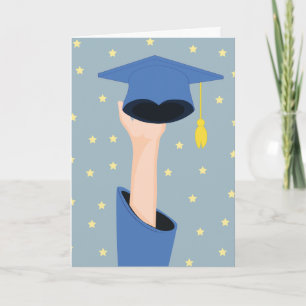 Graduate Raising A Graduation Hat With Yellow Star Card