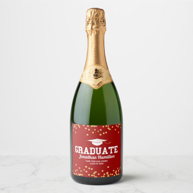 Graduate Red Gold Confetti Graduation Party Sparkling Wine Label (Front)
