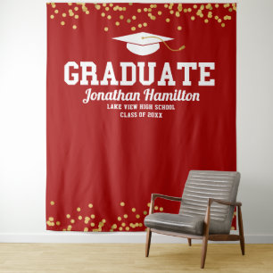 Graduate Red Gold Graduation Party Backdrop Tapestry