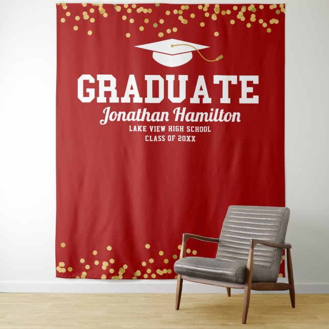 Graduate Red Gold Graduation Party Backdrop Tapestry (In Situ)