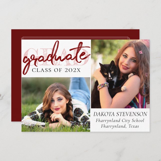 Graduate Red Script | Crimson 2 Photo Keepsake Invitation (Front/Back)