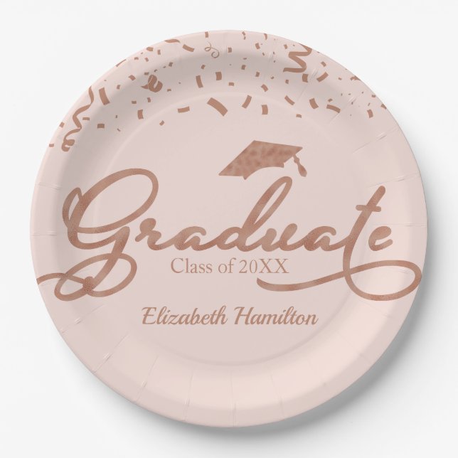Graduate Rose Gold Foil Graduation Party Pink Paper Plate (Front)