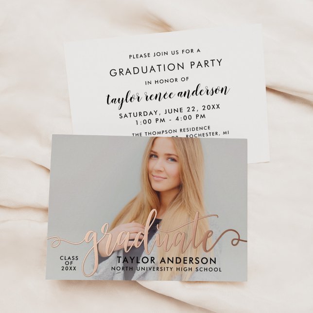 Graduate Rose Gold Modern Script Graduation Photo (Creator Uploaded)