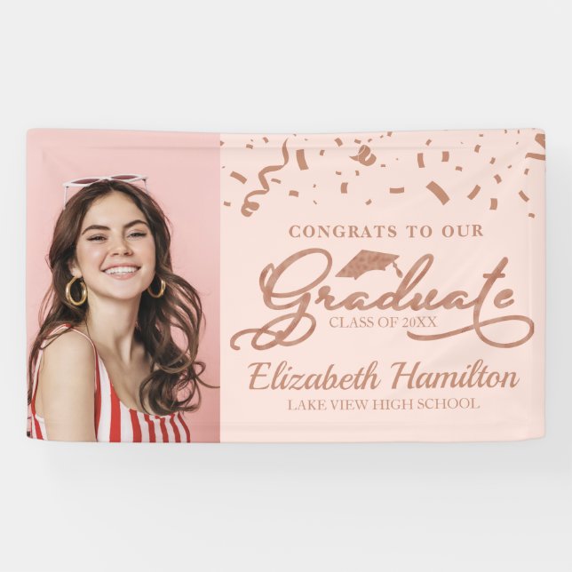 Graduate Rose Gold Pink Photo Graduation Banner (Horizontal)