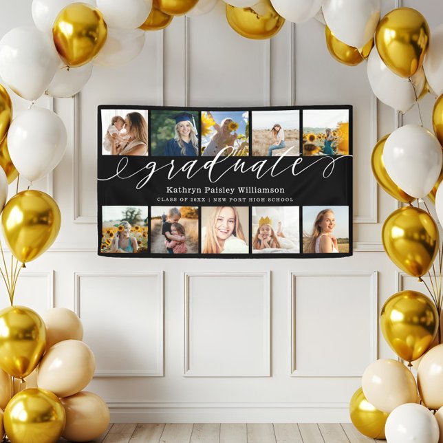 Graduate Script 10 Photo Collage Black Graduation Banner (Graduate Script 10 Photo Collage Black Graduation Banner)