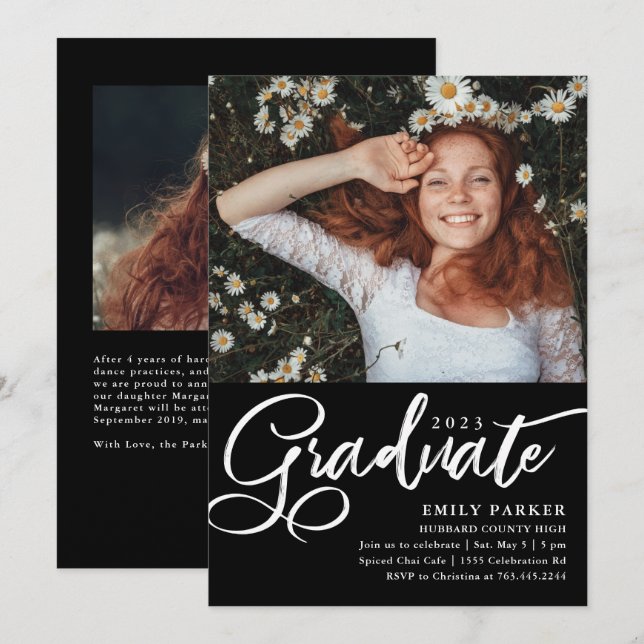 Graduate Script Black White Graduation Party Photo Invitation (Front/Back)