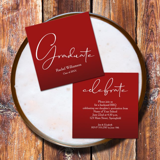 Graduate Script Cardinal Red Party Enclosure Card (Small 2.5" x 2.5" invitations to hand out or mail with your graduation announcements (no envelopes))