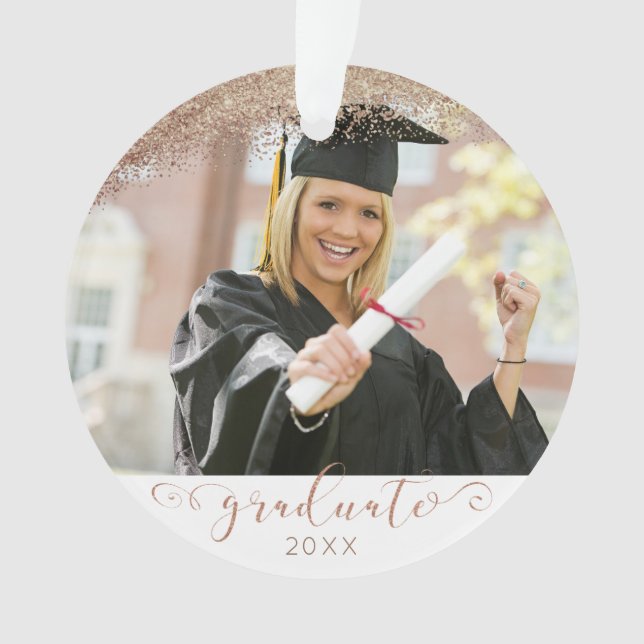 Graduate Script Copper Blush Gold Glitter Photo Ornament (Front)