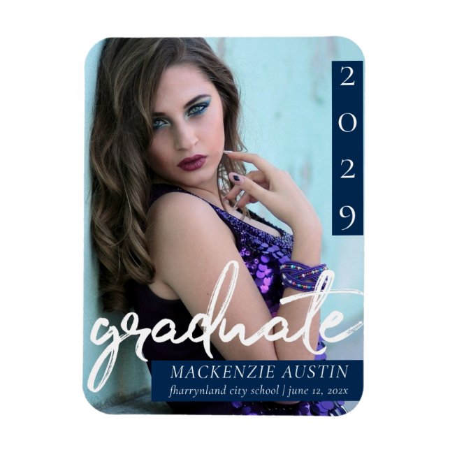 Graduate Script | Dark Navy Blue Photo Keepsake Magnet (Vertical)