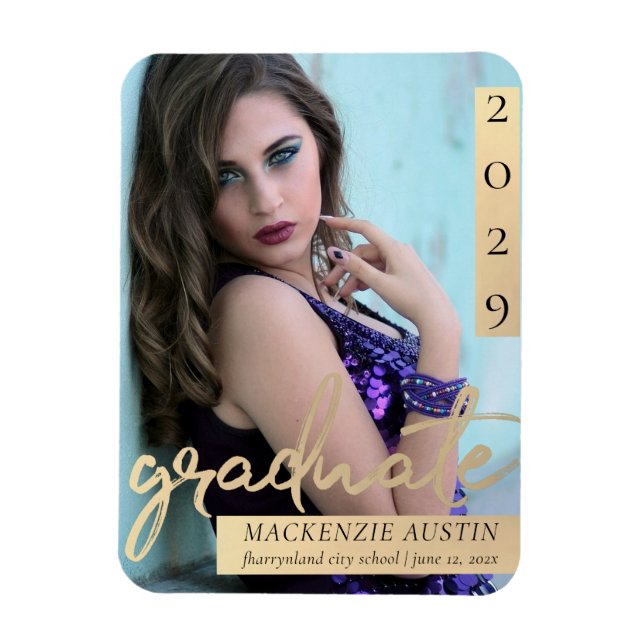 Graduate Script | Elegant Gold Photo Keepsake Magnet (Vertical)
