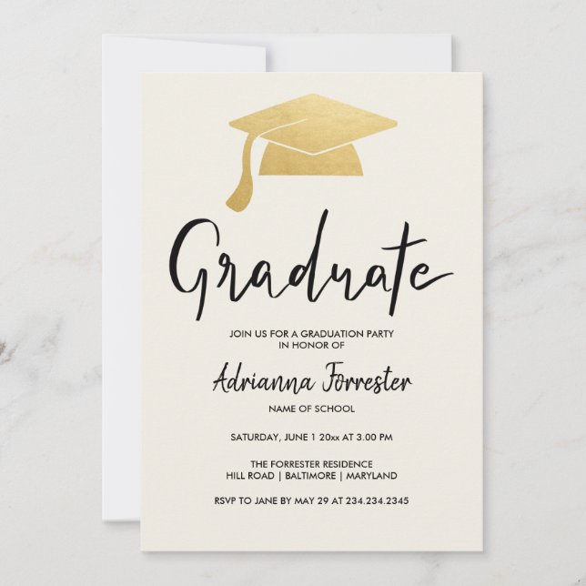 Graduate Script Faux Gold Foil Grad Hat Invitation (Front)