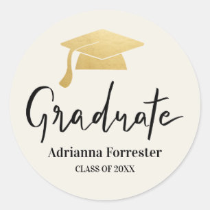 Graduate Script Grad Hat Gold Foil Modern Classic Round Sticker