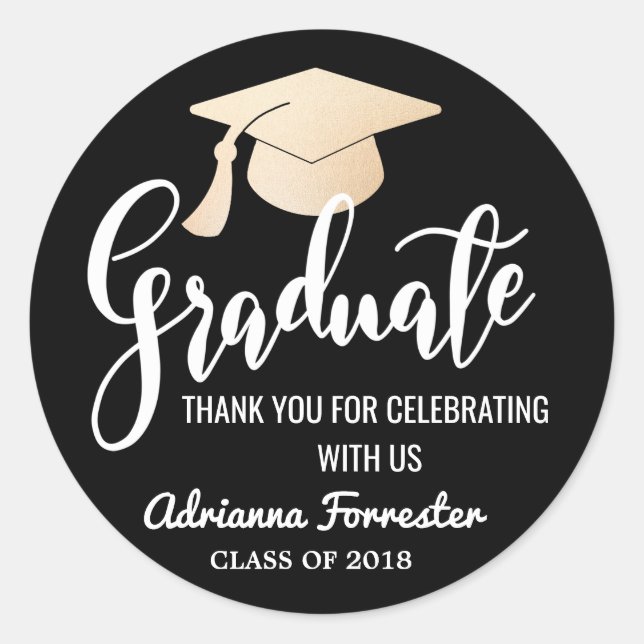 Graduate Script | Grad Hat | Thank You Black Classic Round Sticker (Front)