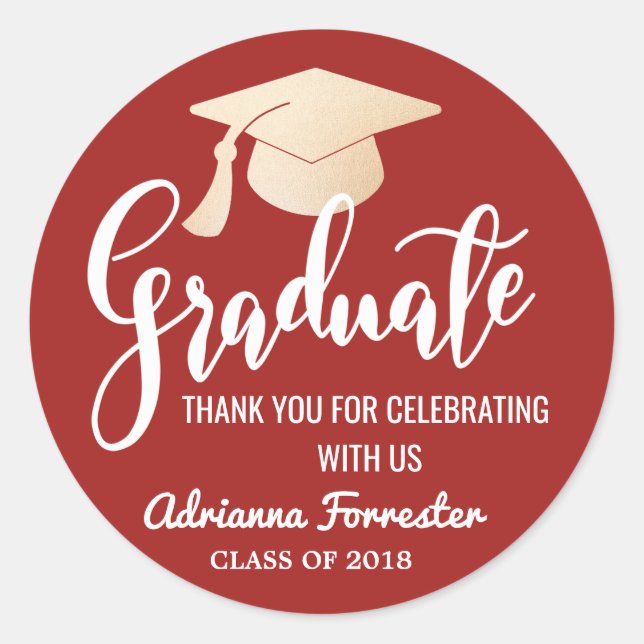 Graduate Script | Grad Hat | Thank You Dark Red Classic Round Sticker (Front)